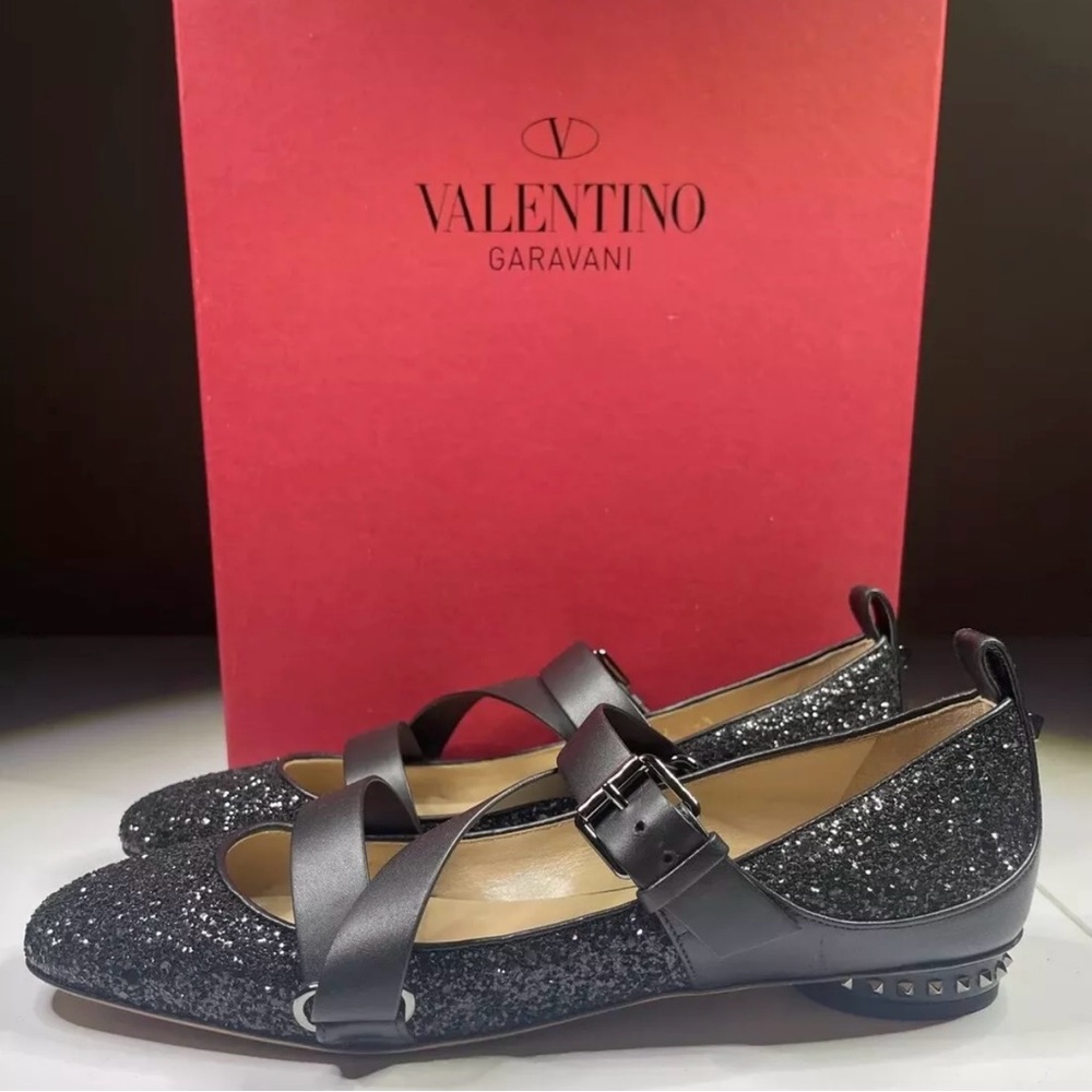 New Black Glitter Valentino Garavani Rockstud Ballet Flats Size Italy 38 1/2